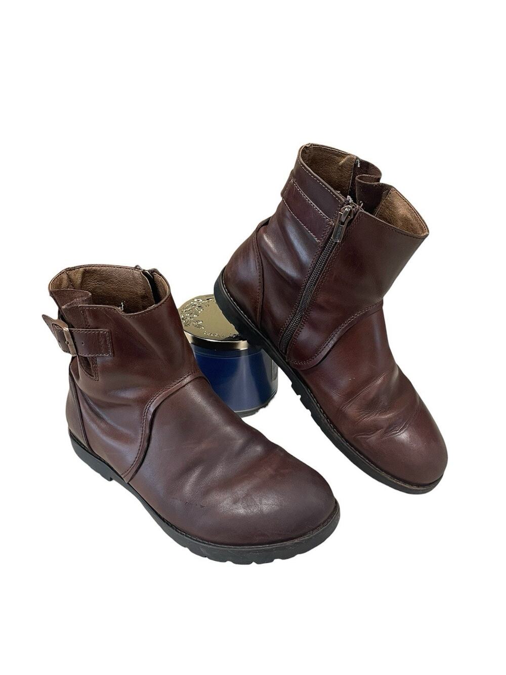 Birkenstock Stowe Women’s Espresso Brown Leather Buckle Strap Moto Boots Size 40
